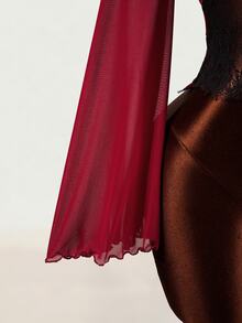 Mistrie YK2 "Hot Lady" Ladies' New Autumn-Winter Net And Lace Fabric Patchwork Shirt With Netted Trumpet Sleeves And Open Design. This Blouse Is Suitab - Burgundy - View 4
