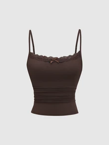 Sweetra 3件組純色蕾絲蝴蝶結細肩帶背心上衣套裝 - 彩色 - 查看 4