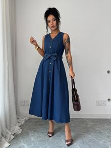 Elenzga French Style Commuter Single-Breasted Denim Tank Dress With Waist Tie, Flattering For Pear-Shaped Figures, Versatile Mid-Length Dress - Medium Wash - View 6