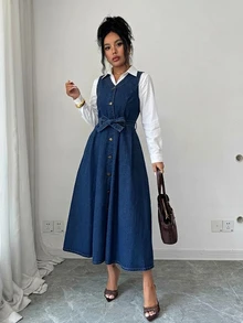 Elenzga French Style Commuter Single-Breasted Denim Tank Dress With Waist Tie, Flattering For Pear-Shaped Figures, Versatile Mid-Length Dress - Medium Wash - View 2