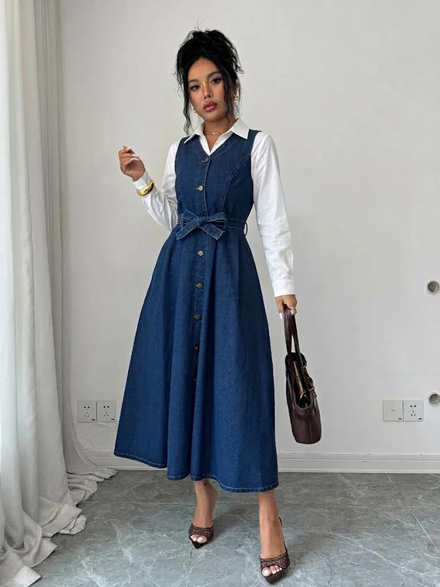 Elenzga French Style Commuter Single-Breasted Denim Tank Dress With Waist Tie, Flattering For Pear-Shaped Figures, Versatile Mid-Length Dress