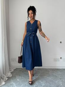 Elenzga French Style Commuter Single-Breasted Denim Tank Dress With Waist Tie, Flattering For Pear-Shaped Figures, Versatile Mid-Length Dress - Medium Wash - View 7