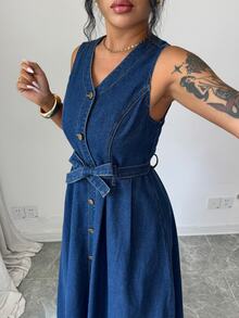 Elenzga French Style Commuter Single-Breasted Denim Tank Dress With Waist Tie, Flattering For Pear-Shaped Figures, Versatile Mid-Length Dress - Medium Wash - View 8