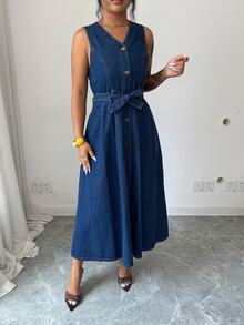 Elenzga French Style Commuter Single-Breasted Denim Tank Dress With Waist Tie, Flattering For Pear-Shaped Figures, Versatile Mid-Length Dress - Medium Wash - View 4
