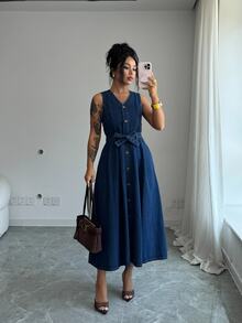 Elenzga French Style Commuter Single-Breasted Denim Tank Dress With Waist Tie, Flattering For Pear-Shaped Figures, Versatile Mid-Length Dress - Medium Wash - View 5