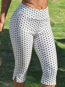 Sirith Polka Dot Print Split Hem Capri Sports Leggings - Multicolor - View 3