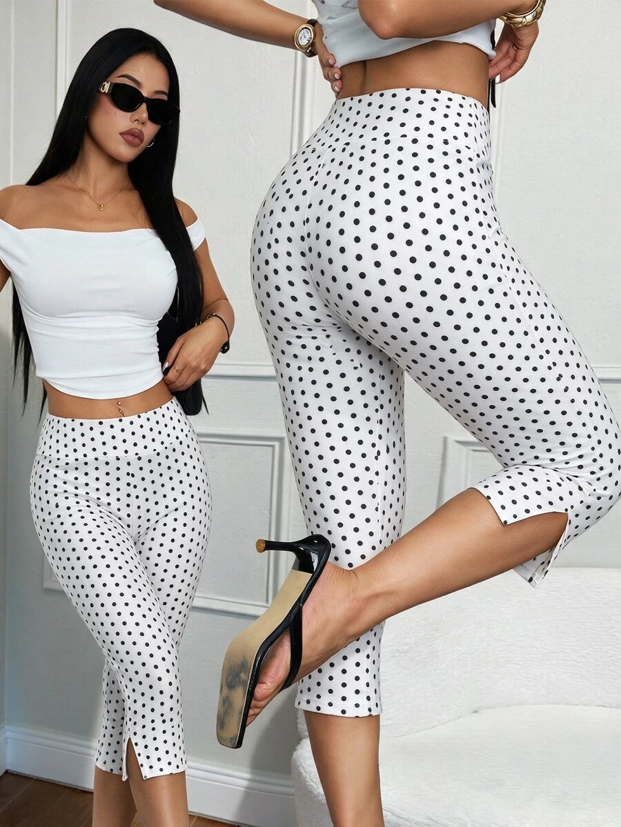 Sirith Polka Dot Print Split Hem Capri Sports Leggings - Multicolor - View 1