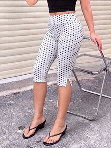 Sirith Polka Dot Print Split Hem Capri Sports Leggings - Multicolor - View 5