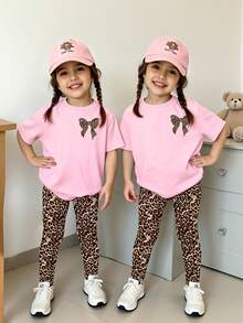 Elladie kids 女童短袖T恤與內搭褲套裝 豹紋蝴蝶結粉色休閒夏季穿搭 1套 - 彩色 - 查看 3
