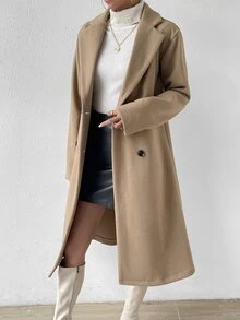 SHEIN x Carly Lawrence Lapel Neck Double Breasted Overcoat Fall Winter Cloth For Women - Khaki - View 3