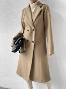 SHEIN x Carly Lawrence Lapel Neck Double Breasted Overcoat Fall Winter Cloth For Women - Khaki - View 6