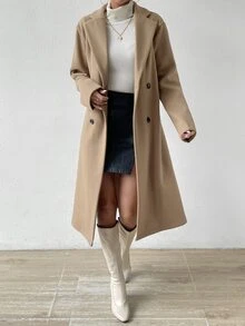 SHEIN x Carly Lawrence Lapel Neck Double Breasted Overcoat Fall Winter Cloth For Women - Khaki - View 5