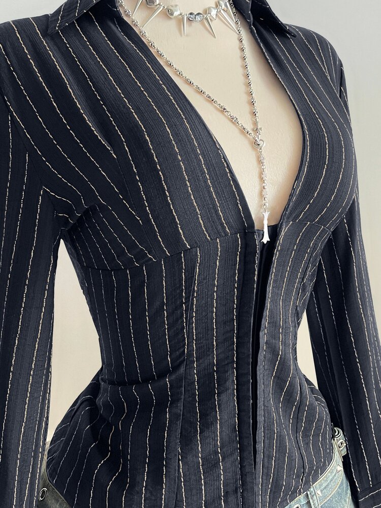 Elamini 1pc Black V-Neck Striped Collar Slim Fit Button-Up Long Sleeve Sexy Blouse For Commute & Daily Wear, Winter - Navy Blue - View 6