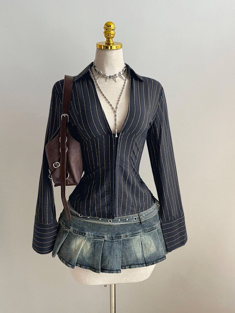 Elamini 1pc Black V-Neck Striped Collar Slim Fit Button-Up Long Sleeve Sexy Blouse For Commute & Daily Wear, Winter - Navy Blue - View 4