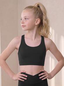 青少年女孩運動服黑色針織運動背心，背面Logo印花雙肩帶交叉設計，親膚修身，校園休閒端莊運動風 - 黑色 - 查看 5