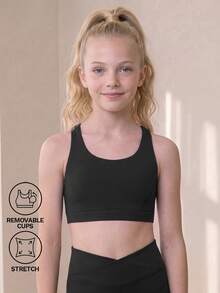 青少年女孩運動服黑色針織運動背心，背面Logo印花雙肩帶交叉設計，親膚修身，校園休閒端莊運動風 - 黑色 - 查看 2