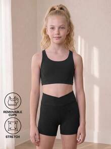 青少年女孩運動服黑色針織運動背心，背面Logo印花雙肩帶交叉設計，親膚修身，校園休閒端莊運動風 - 黑色 - 查看 7