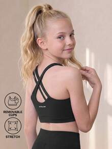 青少年女孩運動服黑色針織運動背心，背面Logo印花雙肩帶交叉設計，親膚修身，校園休閒端莊運動風 - 黑色 - 查看 4