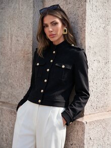 Anewsta Autumn/Winter New Commuter Workwear Pocket Metal Button Decor Modern Jacket Long Sleeve Women's Coat - Black - View 5