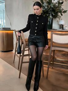 Anewsta Autumn/Winter New Commuter Workwear Pocket Metal Button Decor Modern Jacket Long Sleeve Women's Coat - Black - View 6