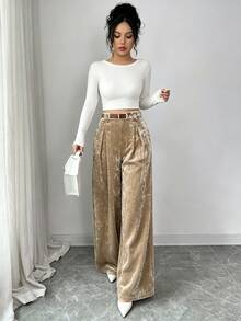 Elenzga Quần dài nữ ống rộng suông rộng xếp ly màu trơn, vải nhung màu kaki, phong cách tối giản, thanh lịch, đa năng, phù hợp mặc thường ngày, đi làm văn phòng, dự tiệc và công sở cho mùa Thu/Đông - Rượu sâm banh - Xem 4