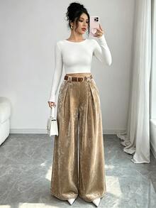 Elenzga Quần dài nữ ống rộng suông rộng xếp ly màu trơn, vải nhung màu kaki, phong cách tối giản, thanh lịch, đa năng, phù hợp mặc thường ngày, đi làm văn phòng, dự tiệc và công sở cho mùa Thu/Đông - Rượu sâm banh - Xem 5