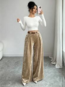 Elenzga Quần dài nữ ống rộng suông rộng xếp ly màu trơn, vải nhung màu kaki, phong cách tối giản, thanh lịch, đa năng, phù hợp mặc thường ngày, đi làm văn phòng, dự tiệc và công sở cho mùa Thu/Đông - Rượu sâm banh - Xem 6