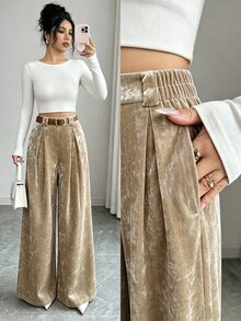 Elenzga Quần dài nữ ống rộng suông rộng xếp ly màu trơn, vải nhung màu kaki, phong cách tối giản, thanh lịch, đa năng, phù hợp mặc thường ngày, đi làm văn phòng, dự tiệc và công sở cho mùa Thu/Đông - Rượu sâm banh - Xem 1