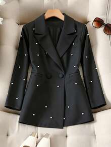 Franclia Plus Size Beaded Woven Solid Color Blazer, Black And White, Fall, Elegant Business Casual, Wedding Guest Formal Long Sleeve Women Jacket - Black - View 1