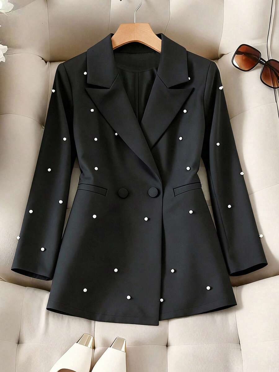 Franclia Plus Size Beaded Woven Solid Color Blazer, Black And White, Fall, Elegant Business Casual, Wedding Guest Formal Long Sleeve Women Jacket - Black - View 1