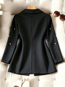 Franclia Plus Size Beaded Woven Solid Color Blazer, Black And White, Fall, Elegant Business Casual, Wedding Guest Formal Long Sleeve Women Jacket - Black - View 2