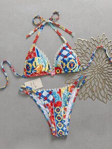 SHEIN Swim 波希米亞度假風女款比基尼兩件套，紅藍黃拼色印花搭配貝殼蕾絲，粉色精緻珠飾配件，掛脖綁帶三角罩杯，低腰三角褲，春季復活節海灘海岸度假時尚造型 - 彩色 - 查看 4