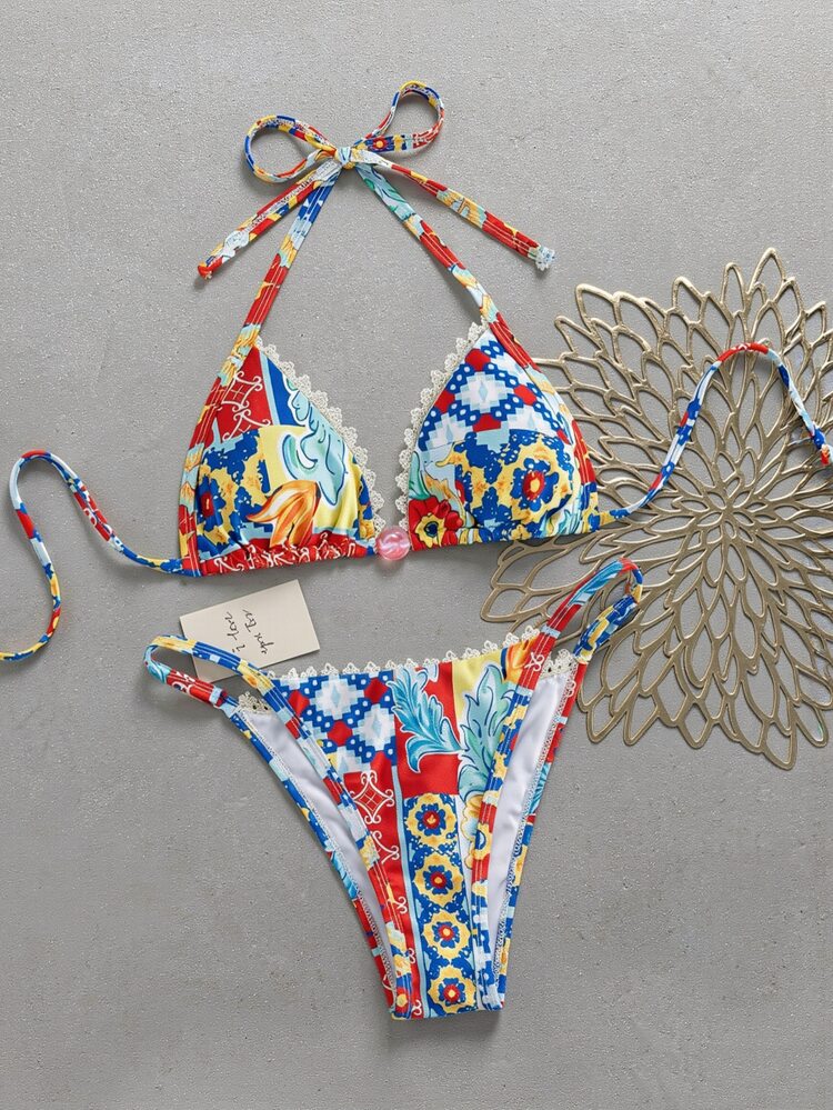SHEIN Swim Bohemian Vacation Style Women's Bikini 2-Piece Set, Red Blue Yellow Colorblock Print With Shell Lace, Pink Exquisite Bead Accessories, Halter Tie Triangle Cup, Low Waist Triangle Bottom, Bohemian Vacation Style Spring Easter Beach Coast Holiday Fashion Look - Multicolor - View 4
