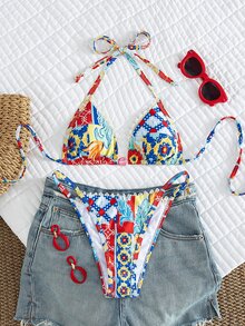 SHEIN Swim 波希米亞度假風女款比基尼兩件套，紅藍黃拼色印花搭配貝殼蕾絲，粉色精緻珠飾配件，掛脖綁帶三角罩杯，低腰三角褲，春季復活節海灘海岸度假時尚造型 - 彩色 - 查看 1