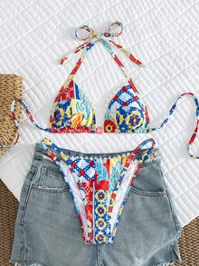 SHEIN Swim 波希米亞度假風女款比基尼兩件套，紅藍黃拼色印花搭配貝殼蕾絲，粉色精緻珠飾配件，掛脖綁帶三角罩杯，低腰三角褲，春季復活節海灘海岸度假時尚造型 - 彩色 - 查看 3