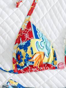 SHEIN Swim 波希米亞度假風女款比基尼兩件套，紅藍黃拼色印花搭配貝殼蕾絲，粉色精緻珠飾配件，掛脖綁帶三角罩杯，低腰三角褲，春季復活節海灘海岸度假時尚造型 - 彩色 - 查看 5