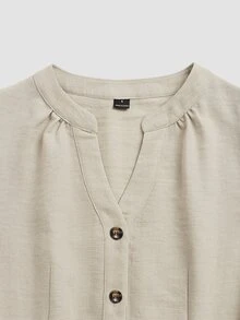 Linhara CURVE Fashion Casual V-Neck 3/4 Sleeve Front Button-Up Shirt Dress Fall - Khaki - View 4