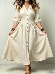 Linhara CURVE Fashion Casual V-Neck 3/4 Sleeve Front Button-Up Shirt Dress Fall - Khaki - View 3
