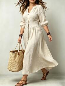Linhara CURVE Fashion Casual V-Neck 3/4 Sleeve Front Button-Up Shirt Dress Fall - Khaki - View 6