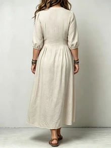 Linhara CURVE Fashion Casual V-Neck 3/4 Sleeve Front Button-Up Shirt Dress Fall - Khaki - View 2