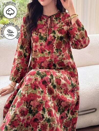Al Najma Tie Neck Cotton Printed Comfortable Dress Floral Dress Saudi National Day Fall/Winter Festival New Year Country
