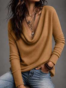 SHEIN LUNE Fall Clothes For Women Camel Cowl Neck Long Sleeve Loose Fit Soft Knit Pullover Top - Yellow - View 4