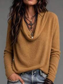 SHEIN LUNE Fall Clothes For Women Camel Cowl Neck Long Sleeve Loose Fit Soft Knit Pullover Top - Yellow - View 1