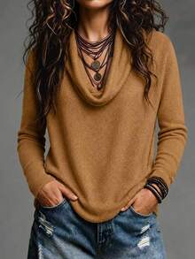 SHEIN LUNE Fall Clothes For Women Camel Cowl Neck Long Sleeve Loose Fit Soft Knit Pullover Top - Yellow - View 3