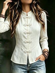 SHEIN ملابس علوية علوية جديدة بأسلوب صيني مع ياقة مشبك وخصر مشدود، أنيقة وعصرية، مناسبة للتنقل اليومي والسفر والعطلات، الربيع/الخريف - لون مشمشي - مشاهدة 2