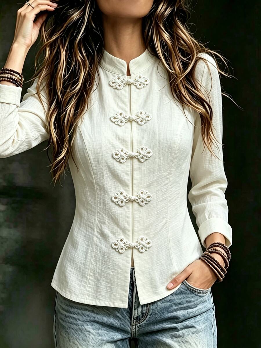 SHEIN ملابس علوية علوية جديدة بأسلوب صيني مع ياقة مشبك وخصر مشدود، أنيقة وعصرية، مناسبة للتنقل اليومي والسفر والعطلات، الربيع/الخريف