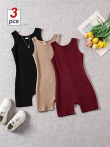SHEIN Girls Ribbed Sleeveless Jumpsuit 3 Colors Casual Sport Travel Outfit - Multicolor - View 1