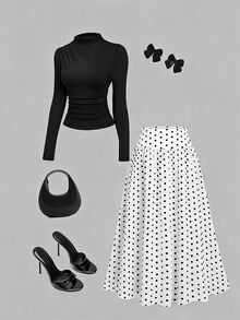 Sweetra Mock Neck Tee & Polka Dot Print Skirt - Black and White - View 3