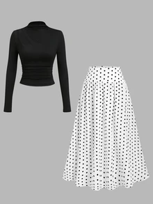Sweetra Mock Neck Tee & Polka Dot Print Skirt - Black and White - View 4