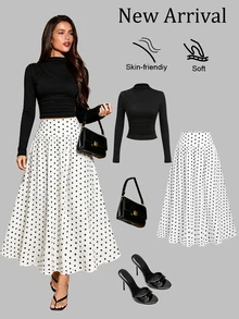Sweetra Mock Neck Tee & Polka Dot Print Skirt - Black and White - View 1